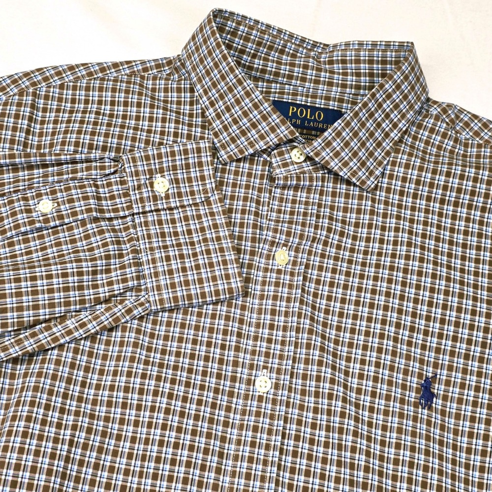 Polo Ralph Lauren Button Down Men XL Brown Plaid Long Sleeve Stretch Cotton